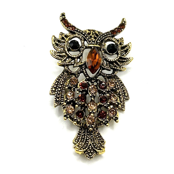 Owl Gold Tone Bronze Enamel And Rhinestone Accents Brooch Pin Unsigned NWOT - Picture 1 of 6